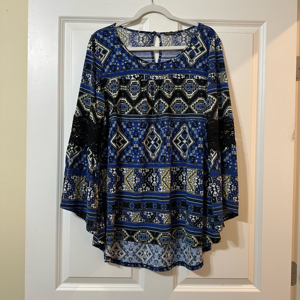 Hannah Boho Print Lace Bell Sleeve Women’s Top, Large - Picture 3 of 13